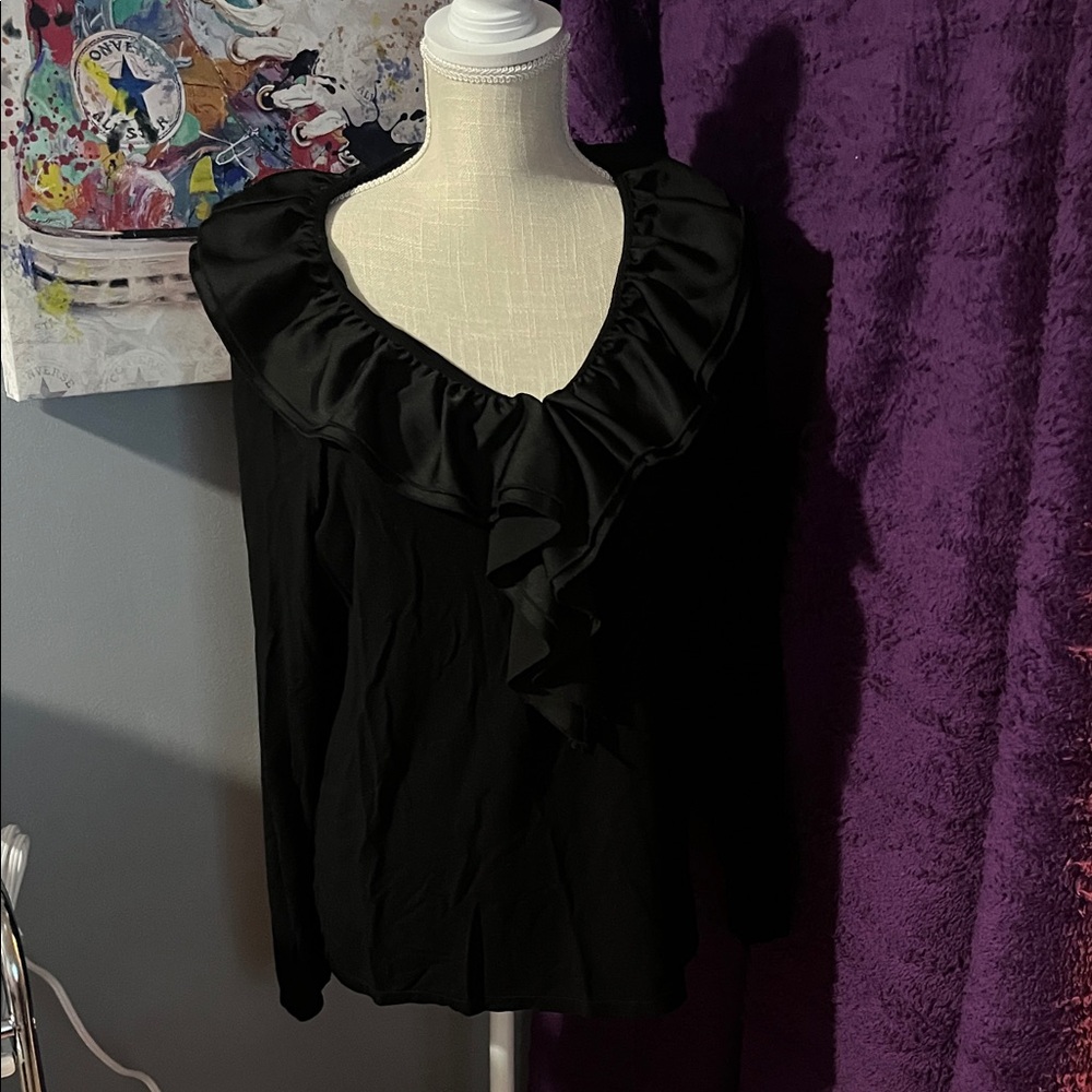 Sz 1X Ralph Lauren Black Ruffled Blouse